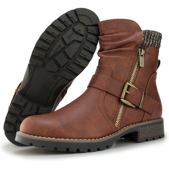 Hawkwell Womens Brown Fashion Combat Ankle Booties With Side Zipper Buckle - Picture 5 of 7